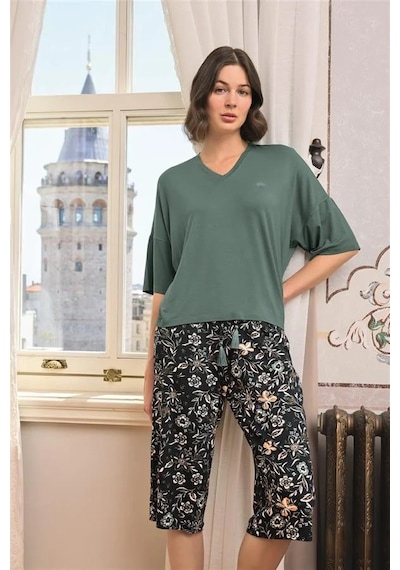 Angbutik Çiçek Ve Yaprak Desenli V Yaka Büyük Beden Kapri Takımı Yeşil