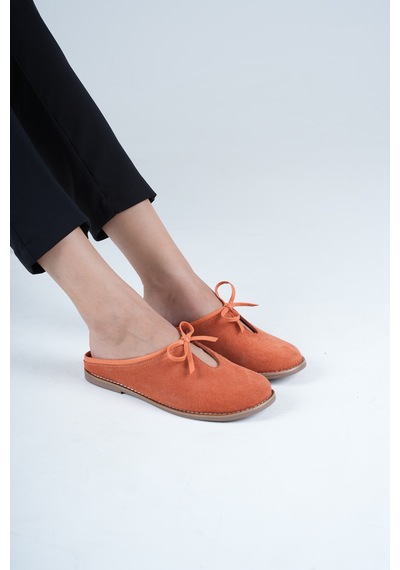 Analin Shoes Kadın Hakiki Deri Fiyonk Detaylı Düz Terlik Turuncu