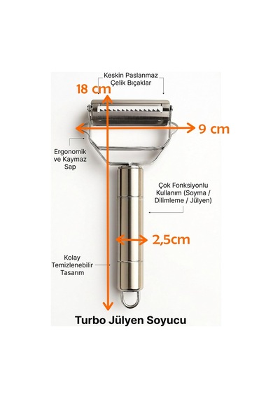 Jumbo Boy Paslanmaz Çelik Turbo Jülyen Sebze Ve Meyve Soyucu Pratik Soyacak Metal Sebze Soyacak 18cm Gümüş