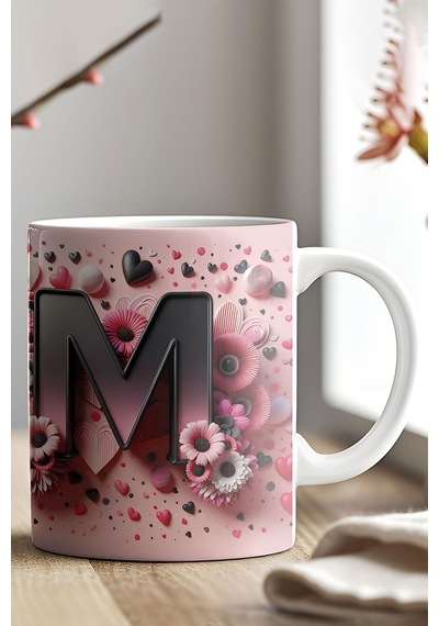 Renkli Çiçekli M Harfi Baskılı 3d Görünümlü Tasarım Mug Kupa Bardak Turuncu