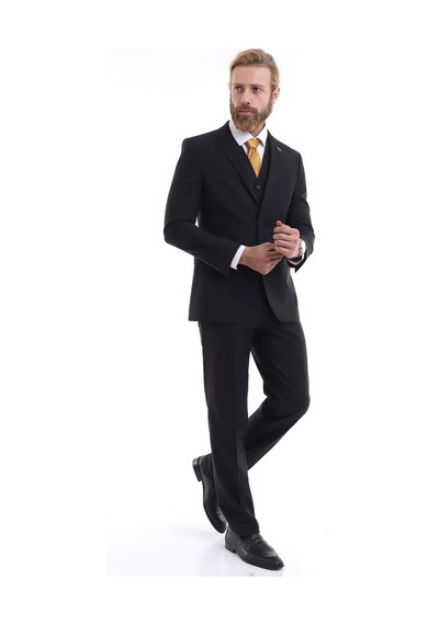 Presto Erkek Yelekli Slimfit Kareli Takım Elbise 6 Drop Siyah 707-011 Siyah