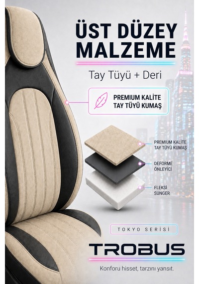 Fiat Albea 2002-2012 Bel Destekli Tay Tüyü Koltuk Kılıfı Tokyo Serisi Bej Siyah