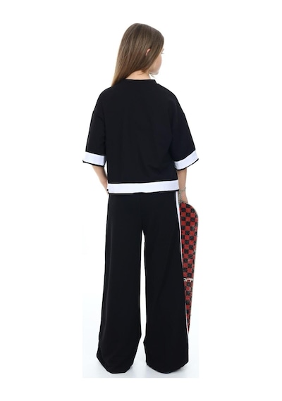 Kız Çocuk %100 Pamuk Oversize Yarım Kol Alt-üst Eşofman Takım-eşt-0013 Siyah