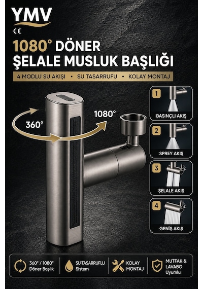 Ymv 4 Modlu Şelale Musluk Başlığı Ayarlanabilir Mutfak Lavabo Batarya Ucu Aparatı 360 Ayarlanabilir Dönerli Musluk Başlığı