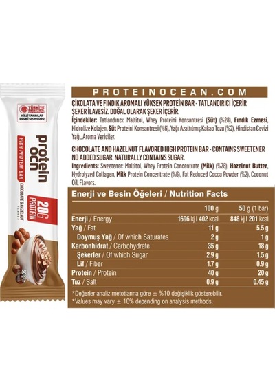 Proteinocean Çikolata Ve Fındık Aromalı Yüksek Protein Bar 50 G 2 Adet