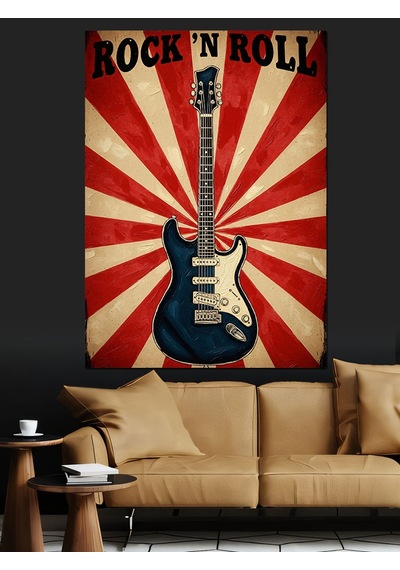 Ahşap Tablo Kırmızı Beyaz Retro Fonlu Roc'n Roll Gitarı