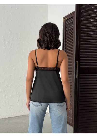Ckm Moda Noiria Siyah Dantel Detaylı Saten Askılı Kadın Atlet Siyah