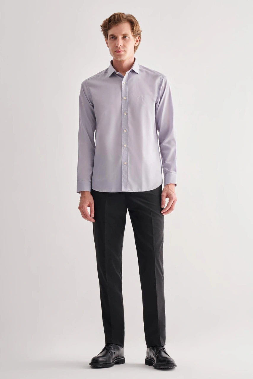 İmza Gri Yarım İtalyan Yaka Uzun Kol Slim Fit Pamuklu Gömlek 1004255180 Gri