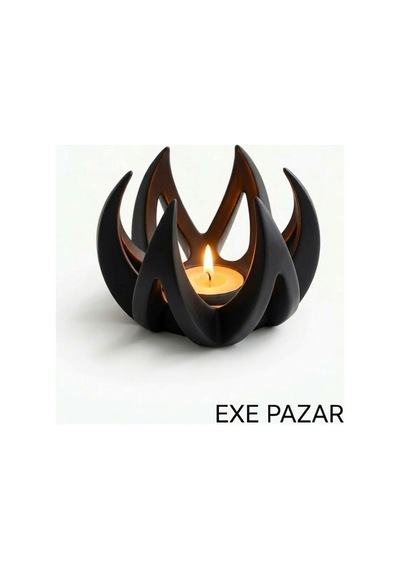 Exe Pazar Alev Temalı Tealight Mumluk 11 X 8,5 Cm - Modern Ev Dekorasyon Hediyelik Ve Konsept Siyah