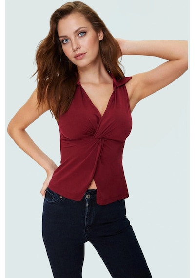 Ersefa Yazlık Kolsuz Bluz Fitted Kalıp Polo Yaka Örme Kumaş Mükemmel Uyu bordo
