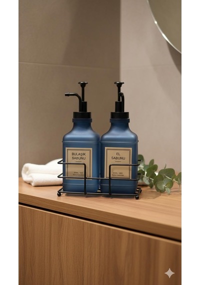 Qerhome Metal Stantlı 2'li Soft Cam Sabunluk Ve Deterjanlık 300 Ml Mavi Mavi