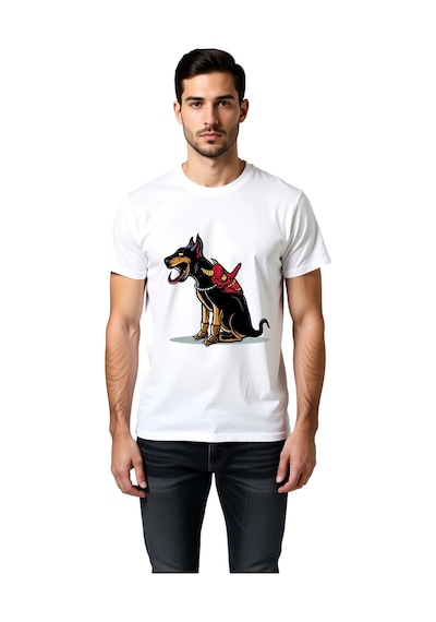 Paybuy Erkek Döberman Köpek Kafatası Maskeli Baskılı Tişört %100 Pamuk R Beyaz