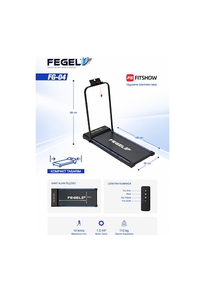 Fegel FG-04 FitShow Destekli Katlanabilir Uzaktan Kumandalı Koşu ve Yürüyüş Bandı