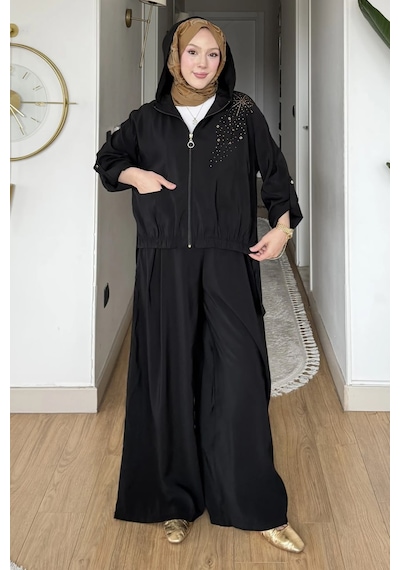 Mitodo Kapüşonlu Ve Taş İşlemeli Tencel Pantolonlu 2 Li Takım Siyah