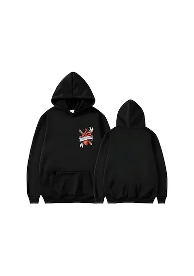 Startmore Kalp Kalem Basklı Kapişonlu Sweat Siyah