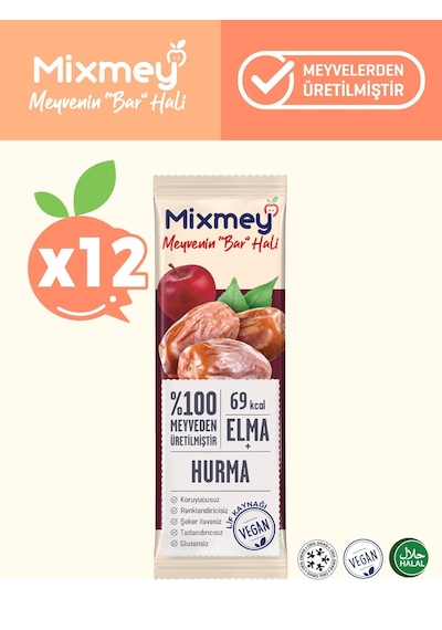 Mixmey Hurma Meyve Barı 12 Adet | Atıştırmalıklar – Vegan, Glutensiz, Koruyucusuz (20GR X 12 ADET)