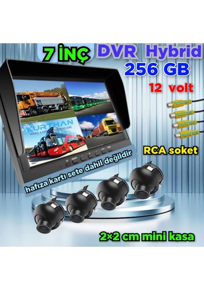 4 Adet 2 2 Cm Mini Kamera Ve 7 İnç Dvr Monitör 12 Volt 256 Gb