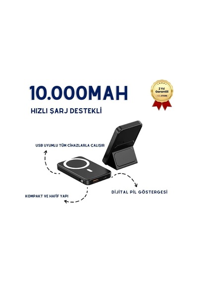 10.000mah Dijital Göstergeli Taşınabilir 22.5w Hızlı Şarjlı Telefon Standlı Powerbank 200g Hafiflikte Ofis, Seyahatte, Alışverişte Kullanıma Uygun Şık Magsafe Powerbank-1336 BEYAZ