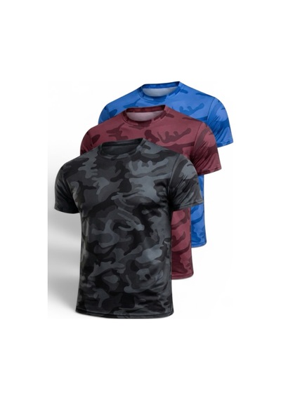Serablanka 3'lü Erkek Nem Emici Hızlı Kuruma Atletik Teknik Kamuflaj Desenli Spor T-shirt Siyah-bordo-mavi Çok Renkli