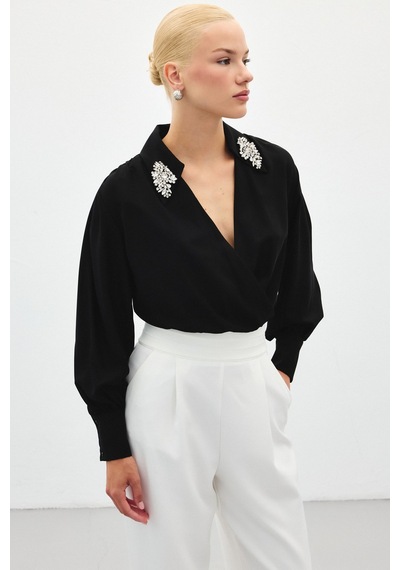 Sateen Aksesuar Detaylı Bodysuit Bluz - Siyah-134783