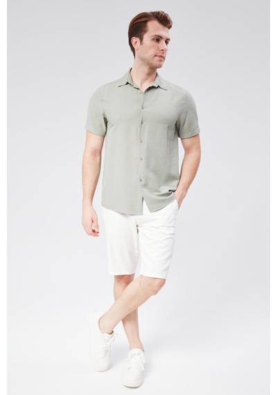 Braccas Erkek Beli Yarım Lastikli Keten Pamuk Karışımlı Slim Fit Şort Ekru Ekru