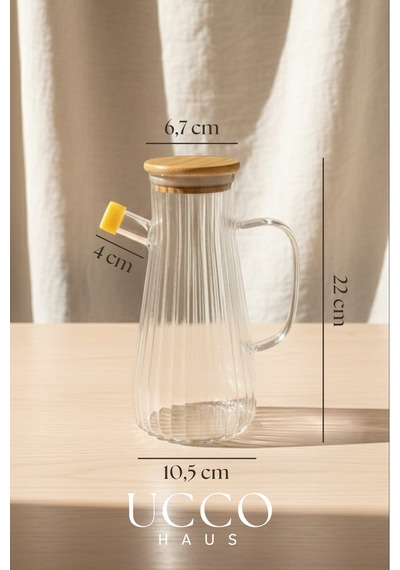 900 Ml Bambu Kapaklı Vakumlu Borosilikat Cam Yağlık Sirkelik Sürahi Yağdanlık Krem