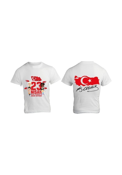 Alpşan Ticaret 23 Nisan Baskılı Unisex Çocuk/yetişkin Tişört Çift Taraflı Baskı Çocuk Bayramı T-shirt 38 Beyaz
