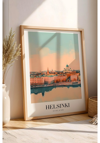 Helsinki Finland Vintage Seyahat Posteri Çerçeveli Tablo - Premium İskandinav Elit Duvar Dekoru Kayın