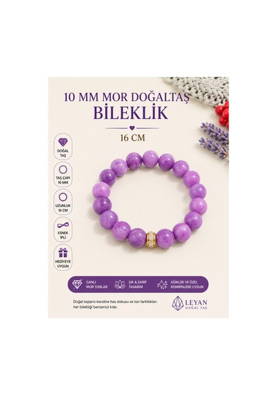 Leyan Doğaltaş 10 Mm Mor Doğal Taş Bileklik 16 Cm El Yapımı Esnek Misinalı Kadın Bilekliği Mor Mor