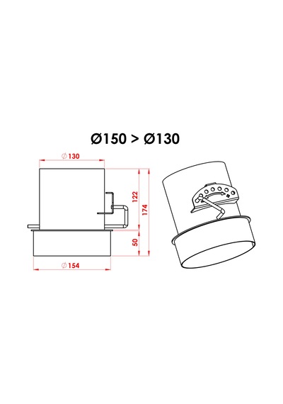 Ayarlanabilir Klapeli Baca Redüksiyon / Boy:17.5 Cm, Çap: 15 13 Cm / Mat Siyah Boyalı / Baba's Stove