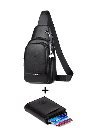Newish Polo Erkek Mekanizma Cüzdan Kartlık Ve Çapraz Omuz Çantası New130 Siyah - Beyaz - Gri