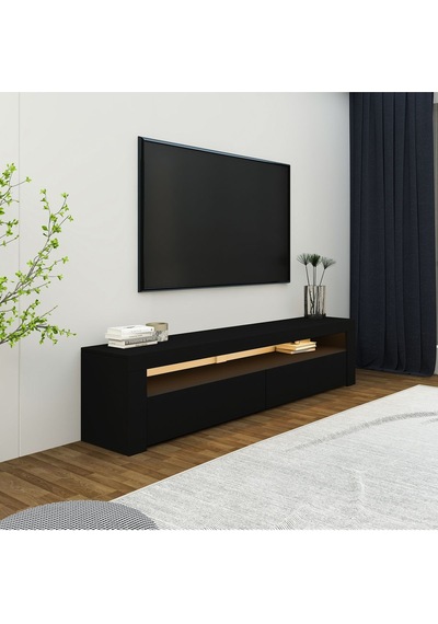 Batı Led Işıklı 2 Kapaklı TV Sehpası 150 cm Minimal Tasarım, Ahşap siyah