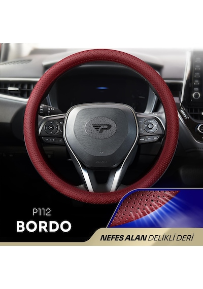 Panda Oto Direksiyon Kılıfı - Delikli Deri-bordo
