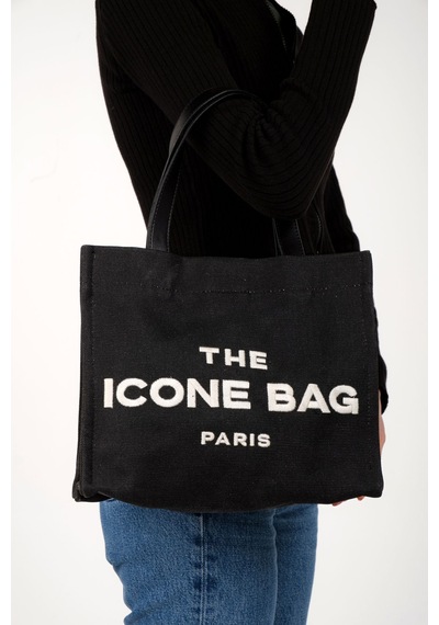 Siyah The Icone Bag Paris İşlemeli Tote Kadın Kol Çantası Ve Omuz Çantası Orta Boy Siyah
