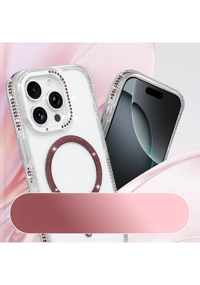 Apple iPhone Uyumlu 16 Pro Kılıf Taşlı Simli Magsafe Kamera Yükseltili Silikon Pazarplus Şeffaf