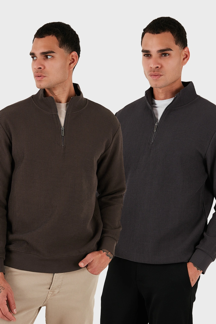 Buratti Pamuklu Regular Fit Yarım Fermuarlı Dik Yaka 2'Li Paket Erkek Sweat 5905716S2 Koyu Kahve-Antrasit Buratti Pamuklu Regular Fit Yarım Fermuarlı Dik Yaka 2'Li Paket Erkek Sweat 5905716S2 Koyu Kahve-Antrasit