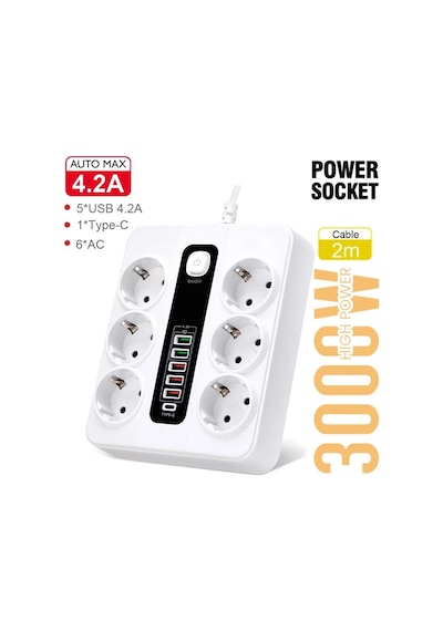 Hp-h04 3000w 10amper 6 Lı 2metre Uzatma Kablolu Çoklu Termal Akım Priz 2 M