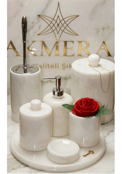 Akmera Home Mermer Kulplu 7 Parça Şık Banyo Seti Özel Tasarım Beyaz