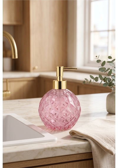 Boby Diamond Küre Cam Sıvı Sabunluk Gold Pompalı Kristal Desenli Dekoratif Banyo Ve Mutfak Dispenseri - 16 Cm X 10 Cm - 500ml - Pembe