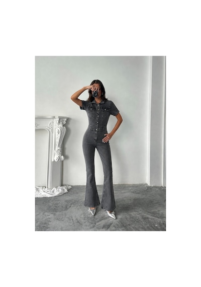 Bluemarlin Kısa Kol Kar Siyah İspanyol Paça Likralı Denim Tulum Kar Siyah