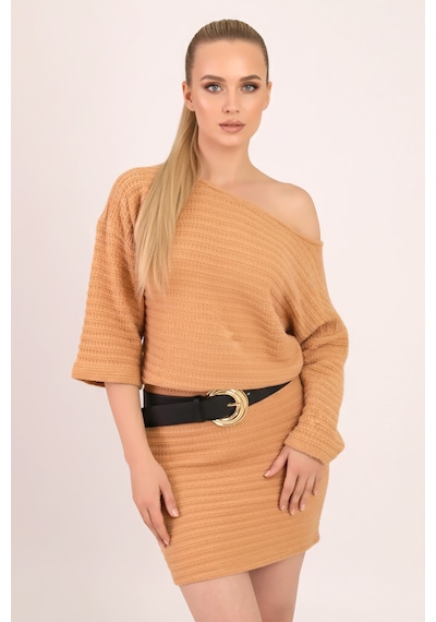 Armonika Kadın Camel Kayık Yaka Yarasa Kol Yumuşak Dokulu Elbise Arm-26k001039