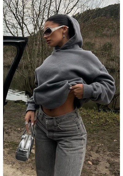 Füme Kapüşonlu Şardonlu Oversize Cepli Sweatshirt Mg2206