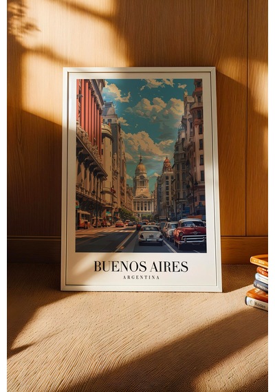 Buenos Aires Argentina Vintage Seyahat Posteri Çerçeveli Tablo - Premium Şehir Elit Duvar Dekoru Beyaz