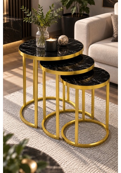 Sulorahome Siyah Mermer Desenli Gold Metal Ayaklı 3'lü Zigon Sehpa Takımı Altın - Siyah