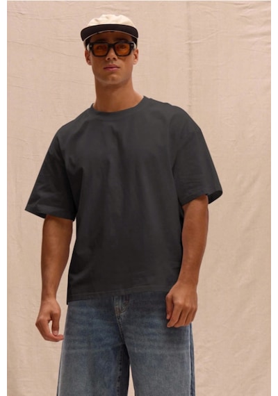 Erkek %100 Organik Pamuklu Kalın Dokulu Comfort Fit Bisiklet Yakalı T-shirt Siyah