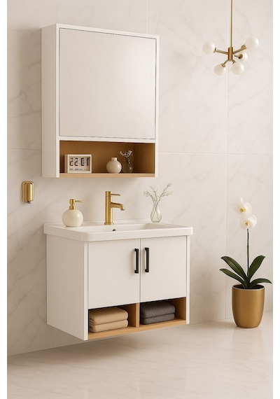 Dmz Home Concept Legna 65 Cm Banyo Dolabı Takımı Beyaz & Ahşap Mdf Seramik Lavabolu Alt Ve Üst Dolap