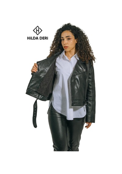 Hilda Deri Emery Biker Tarzı Siyah Oversize Hakiki Kuzu Derisi Kadın Ceket 001