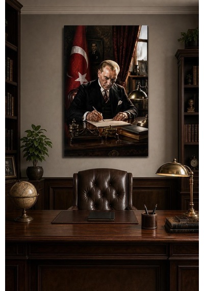 Atatürk Çalışma Masasında Baskılı Cam Tablo Uv Baskı Dekoratif Duvar Tablosu