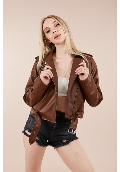 Oyer Moda Kadın Deri Ceket Slim Fit Kahverengi Kahverengi