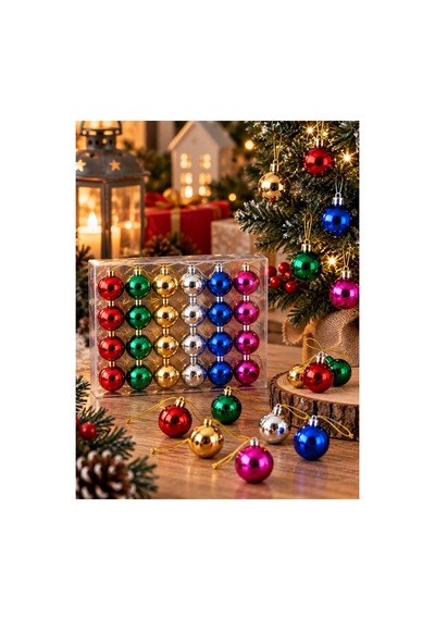 Yeni Yıla Özel 24 Parça Mini Yılbaşı Çam Ağacı Topları Karışık Renkli Noel Ağacı Süsü 24'lü Set 3 Cm Noel Süsü